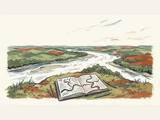 Paisaje de río y colinas con un cuaderno de cartografía abierto en primer plano.