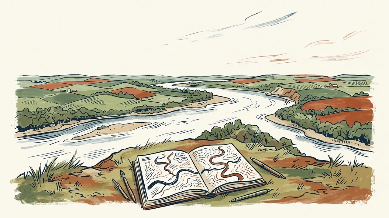 Paisaje de río y colinas con un cuaderno de cartografía abierto en primer plano.