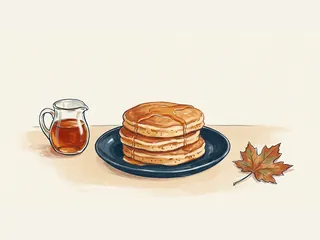 Una jarrita de sirope, tres tortitas sobre un plato azul y una hoja de arce.