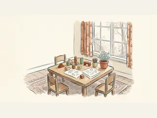 Una mesa infantil con bloques de madera, dibujos de hojas y lápices se sitúa junto a una ventana.