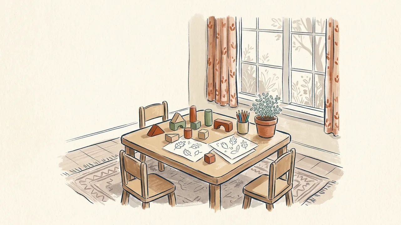Una mesa infantil con bloques de madera, dibujos de hojas y lápices se sitúa junto a una ventana.