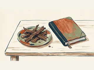 Tiras finas de jerky en un plato junto a un cuaderno de cocina cerrado.