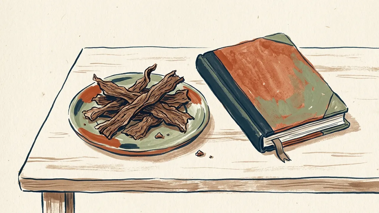 Tiras finas de jerky en un plato junto a un cuaderno de cocina cerrado.