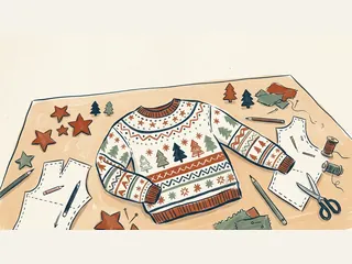 Un jersey navideño con árboles y estrellas junto a patrones, telas y útiles de costura.