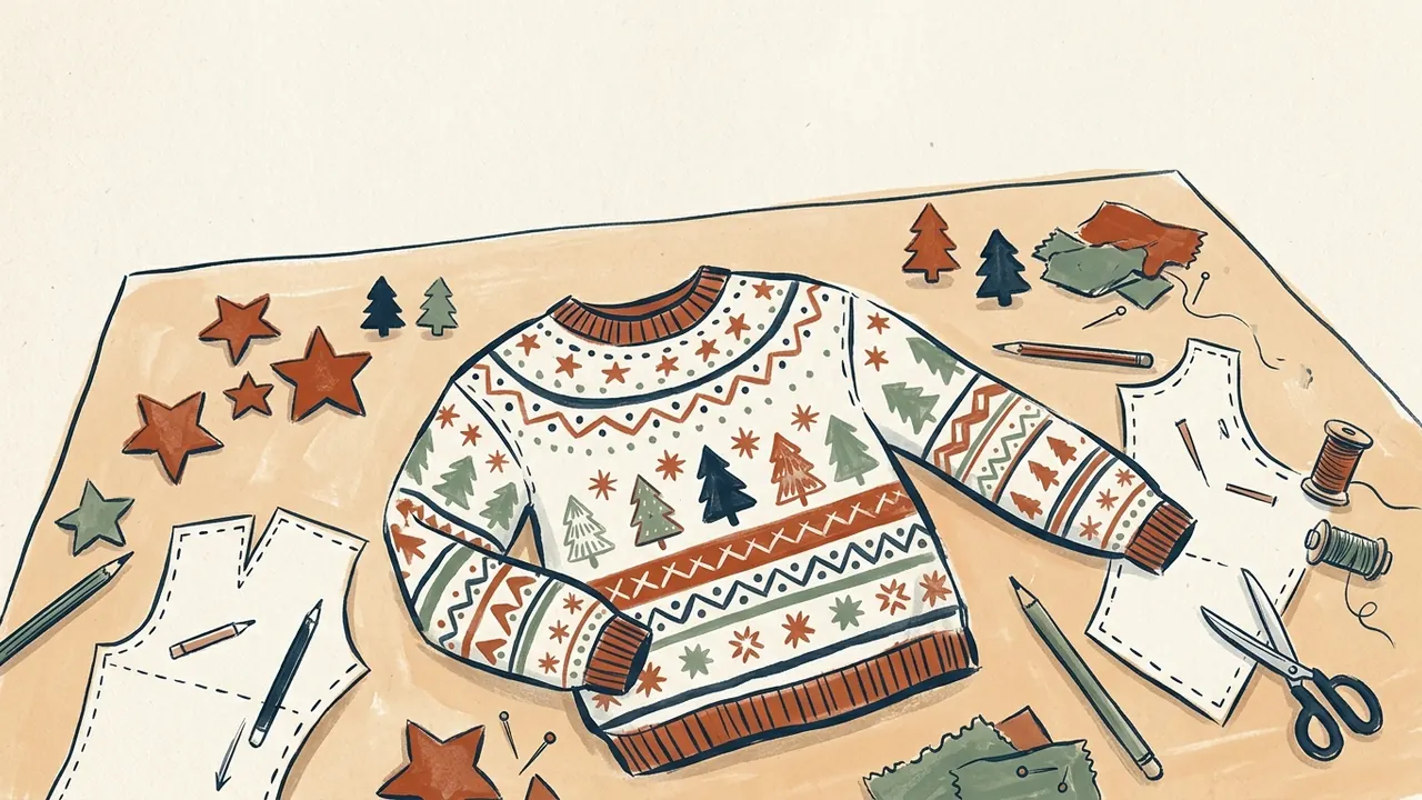 Un jersey navideño con árboles y estrellas junto a patrones, telas y útiles de costura.