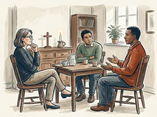 Tres personas conversan alrededor de una mesa; al fondo hay una cruz de madera y una vela.