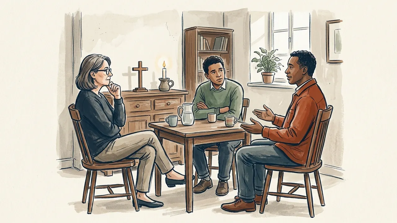 Tres personas conversan alrededor de una mesa; al fondo hay una cruz de madera y una vela.