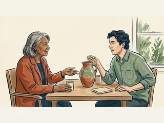 Dos personas de distintas generaciones conversan junto a una jarra de cerámica.