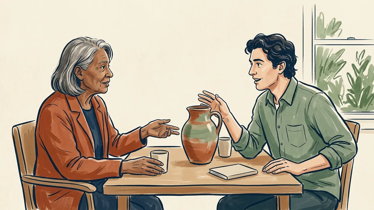 Dos personas de distintas generaciones conversan junto a una jarra de cerámica.