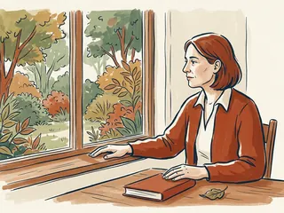 Una persona observa un jardín desde la ventana junto a un libro cerrado y una hoja.