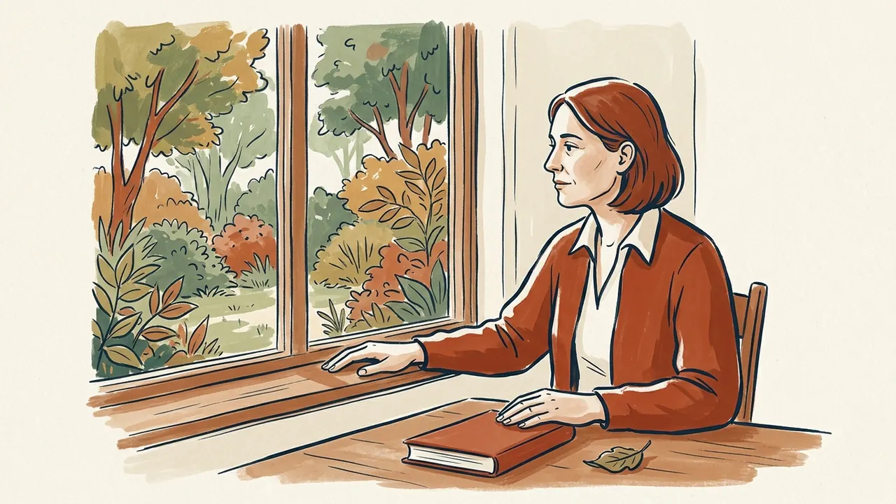 Una persona observa un jardín desde la ventana junto a un libro cerrado y una hoja.