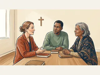 Tres personas adultas conversan ante libros cerrados en una sala con una pequeña cruz de madera.