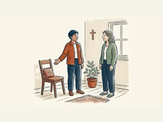 Dos personas adultas conversan junto a una silla libre y una cruz sencilla en una habitación.