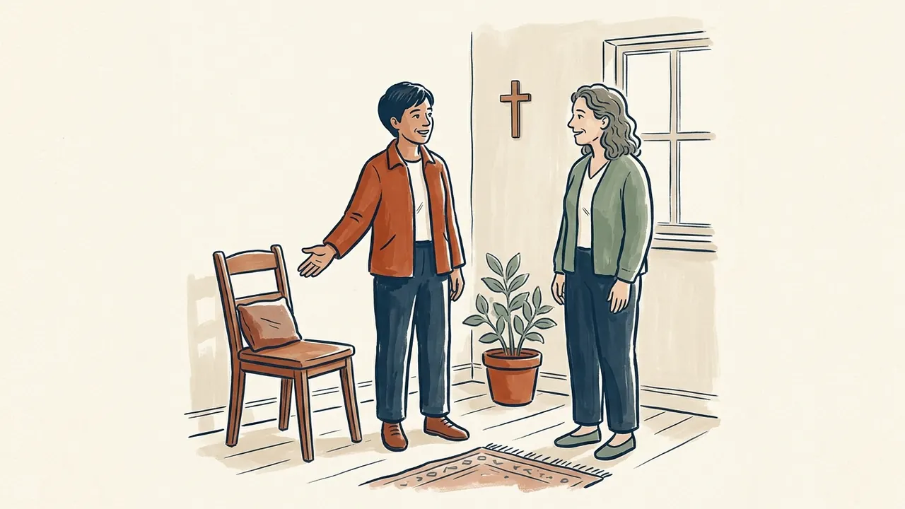 Dos personas adultas conversan junto a una silla libre y una cruz sencilla en una habitación.