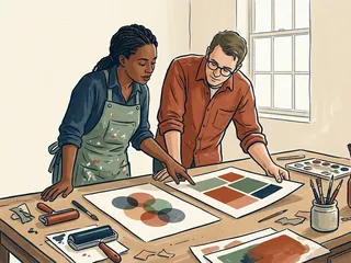 Dos personas comparan composiciones de círculos y rectángulos en un taller.