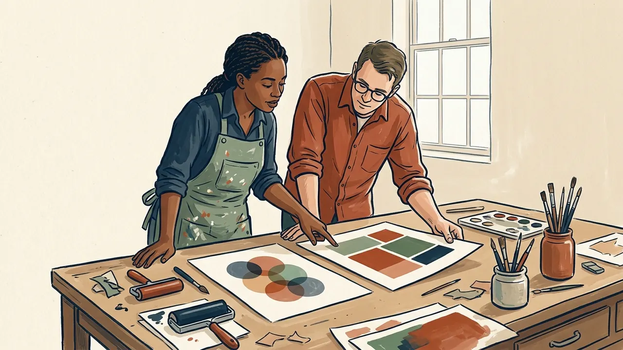 Dos personas comparan composiciones de círculos y rectángulos en un taller.