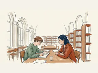 Un adolescente escribe en un cuaderno mientras una adulta le acompaña en una biblioteca.