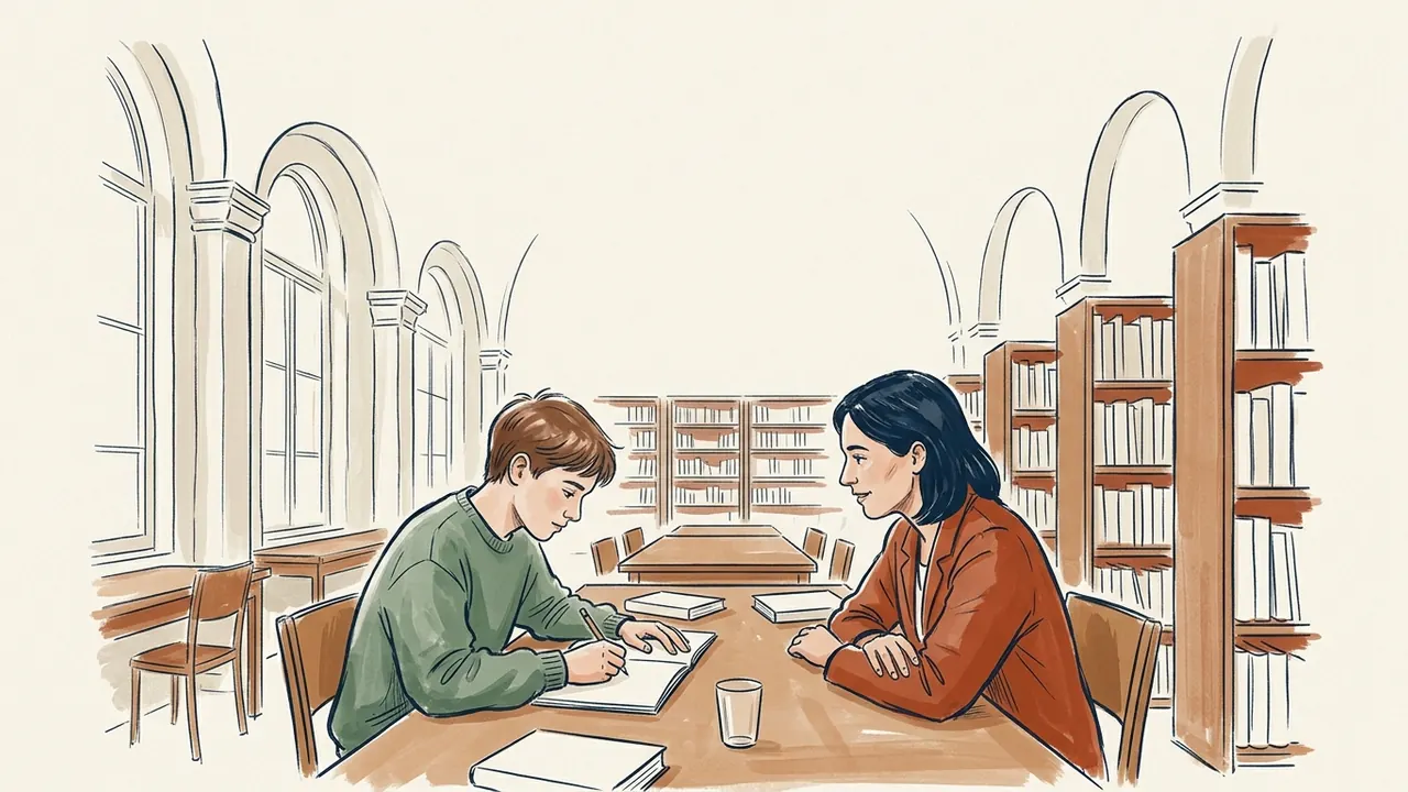 Un adolescente escribe en un cuaderno mientras una adulta le acompaña en una biblioteca.