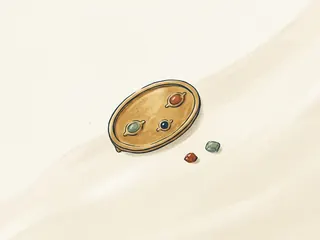 Broche ovalado imaginario con tres gemas y dos piedras sueltas sobre un paño claro.