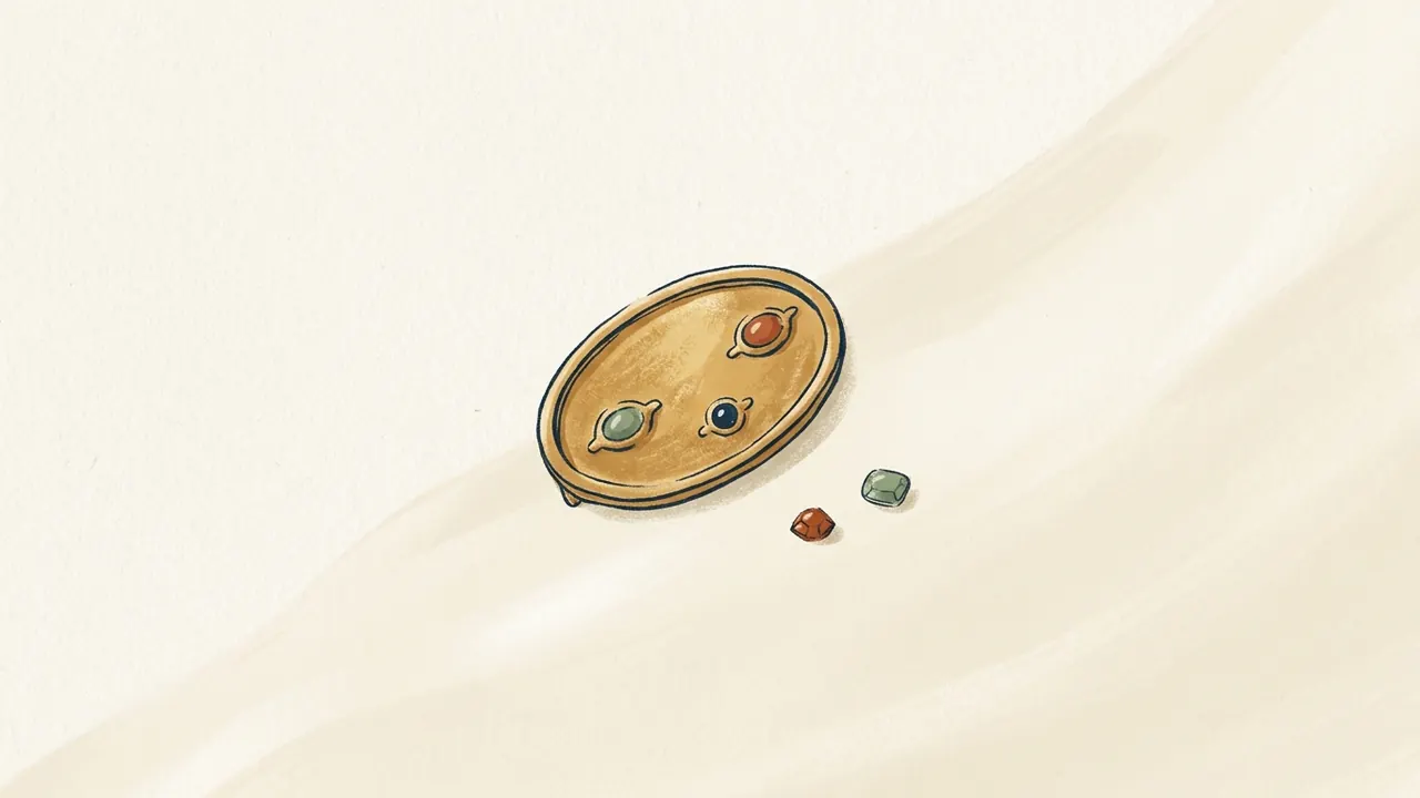 Broche ovalado imaginario con tres gemas y dos piedras sueltas sobre un paño claro.