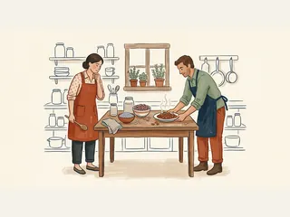Dos cocineros comparan alubias y un plato de guiso.