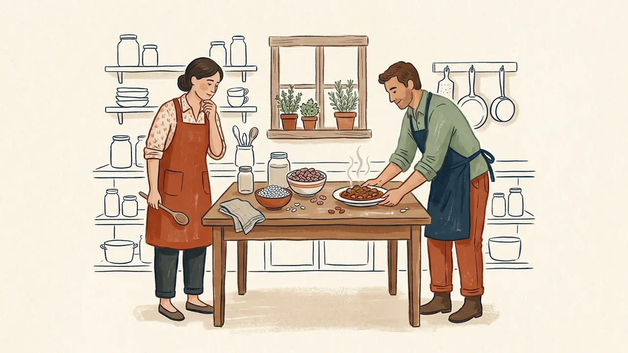 Dos cocineros comparan alubias y un plato de guiso.