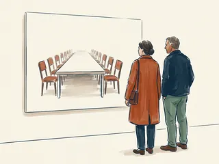 Dos personas adultas observan una composición artística de una mesa larga con sillas vacías.