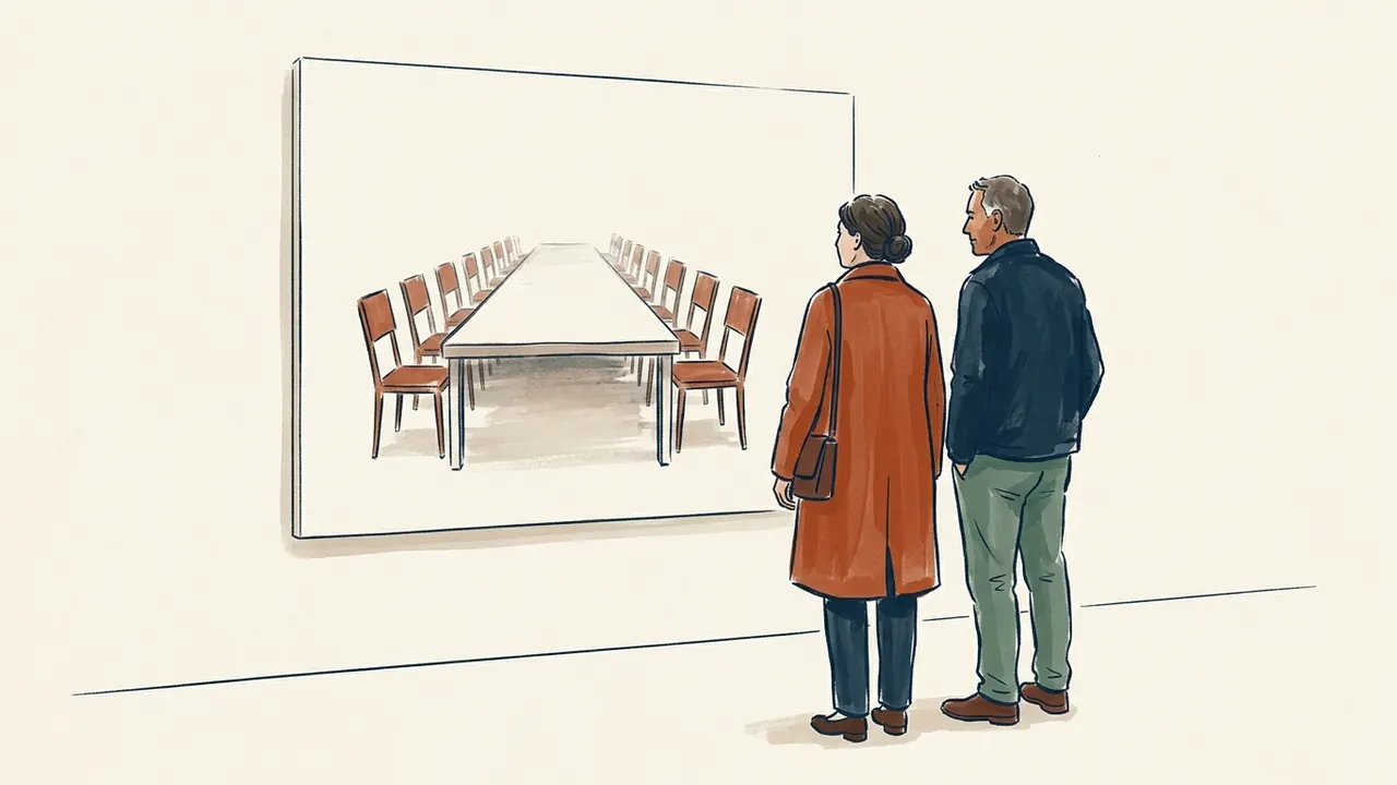 Dos personas adultas observan una composición artística de una mesa larga con sillas vacías.