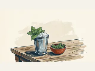 Un vaso metálico con hielo picado y hojas de menta se acompaña de un pequeño cuenco de hojas.