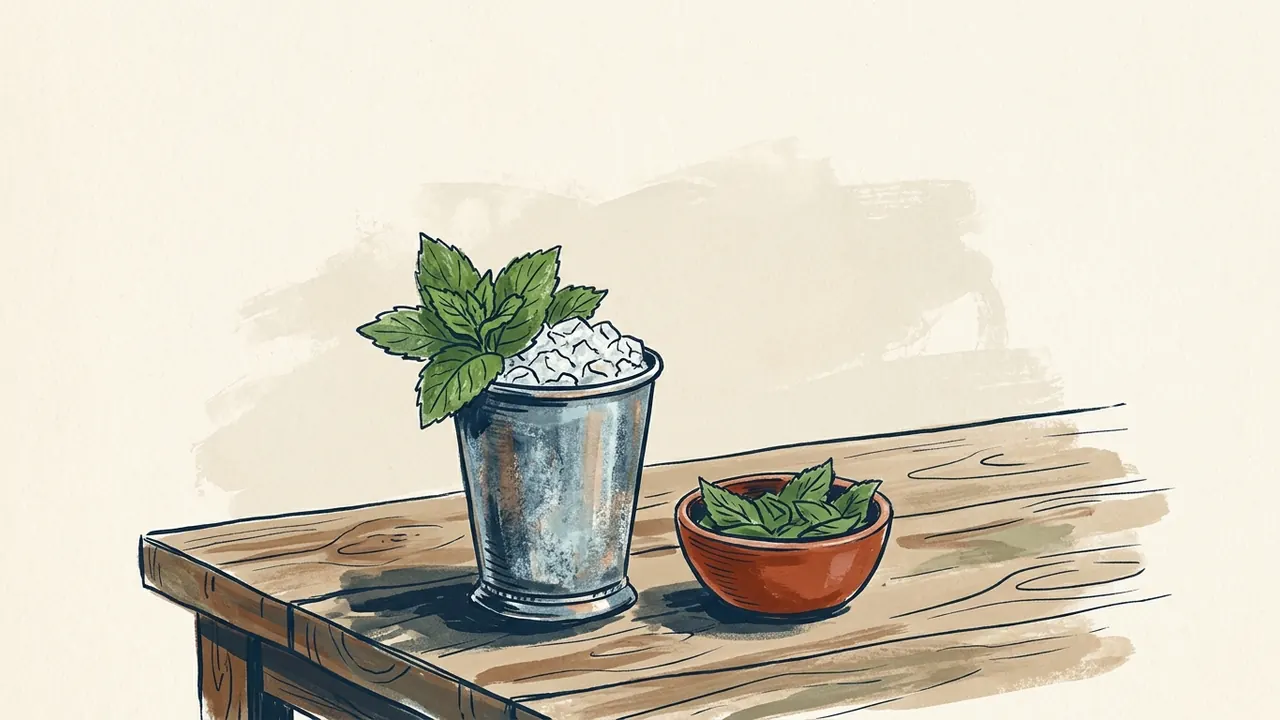 Un vaso metálico con hielo picado y hojas de menta se acompaña de un pequeño cuenco de hojas.