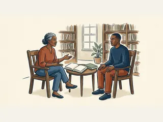 Dos personas adultas afroamericanas conversan junto a un libro abierto en una biblioteca.
