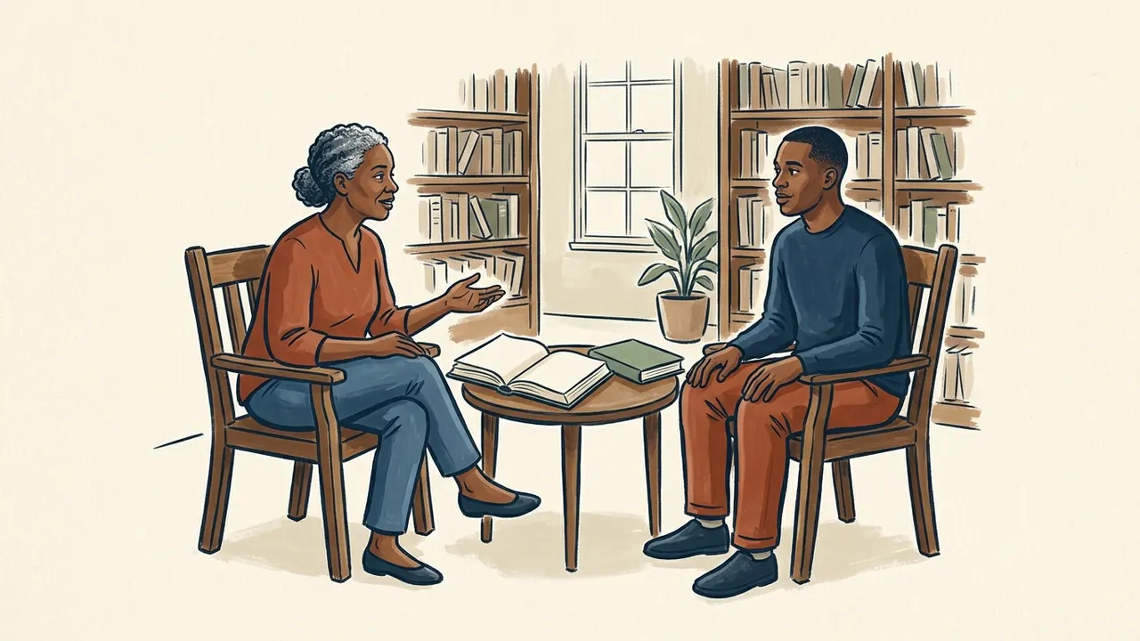 Dos personas adultas afroamericanas conversan junto a un libro abierto en una biblioteca.
