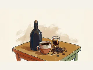 Una botella oscura sin etiqueta, granos de café, una taza y un vaso pequeño de licor forman un bodegón.