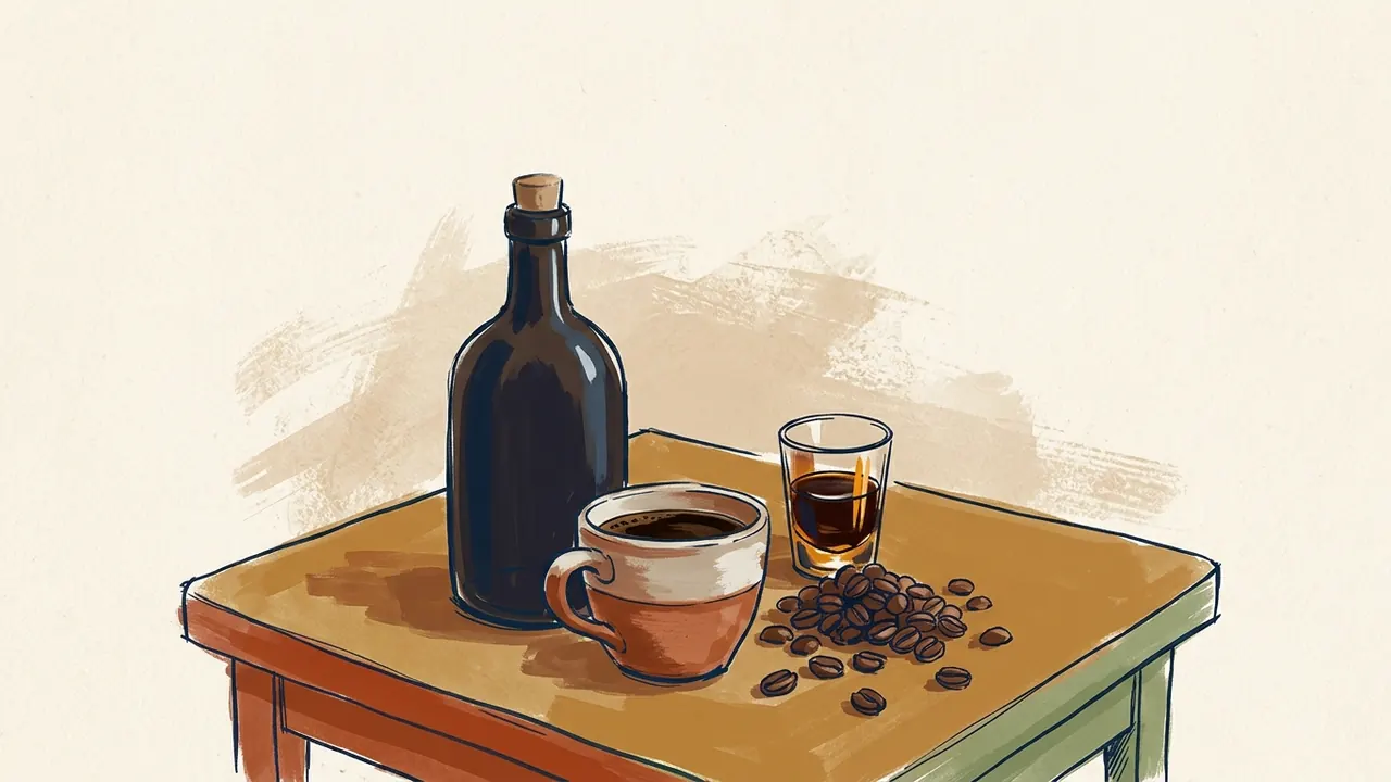 Una botella oscura sin etiqueta, granos de café, una taza y un vaso pequeño de licor forman un bodegón.