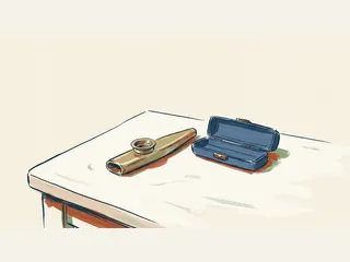 Kazoo metálico junto a su estuche abierto sobre una mesa.