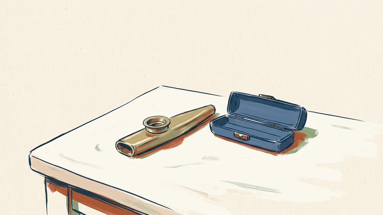 Kazoo metálico junto a su estuche abierto sobre una mesa.