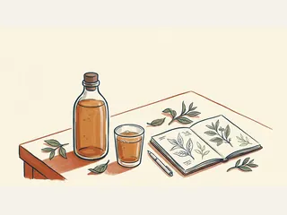 Una botella cerrada y un vaso con bebida ámbar junto a un cuaderno con dibujos de hojas de té.