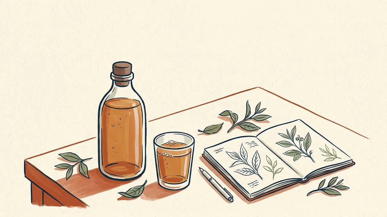 Una botella cerrada y un vaso con bebida ámbar junto a un cuaderno con dibujos de hojas de té.