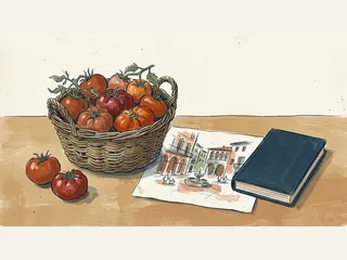 Cesta de tomates junto a un dibujo de una plaza imaginaria y un libro cerrado.