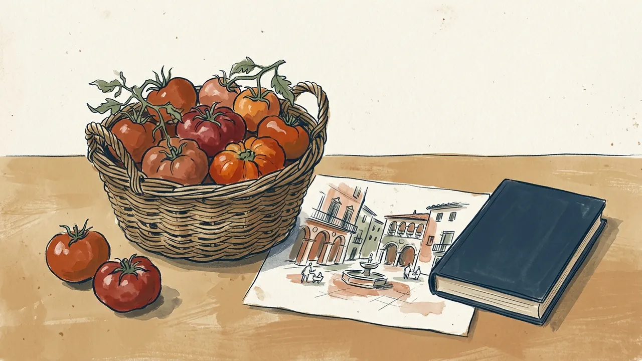 Cesta de tomates junto a un dibujo de una plaza imaginaria y un libro cerrado.