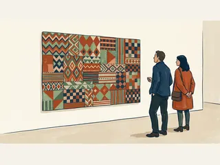 Dos personas observan un panel ficticio de telas con patrones geométricos en una sala de exposición.