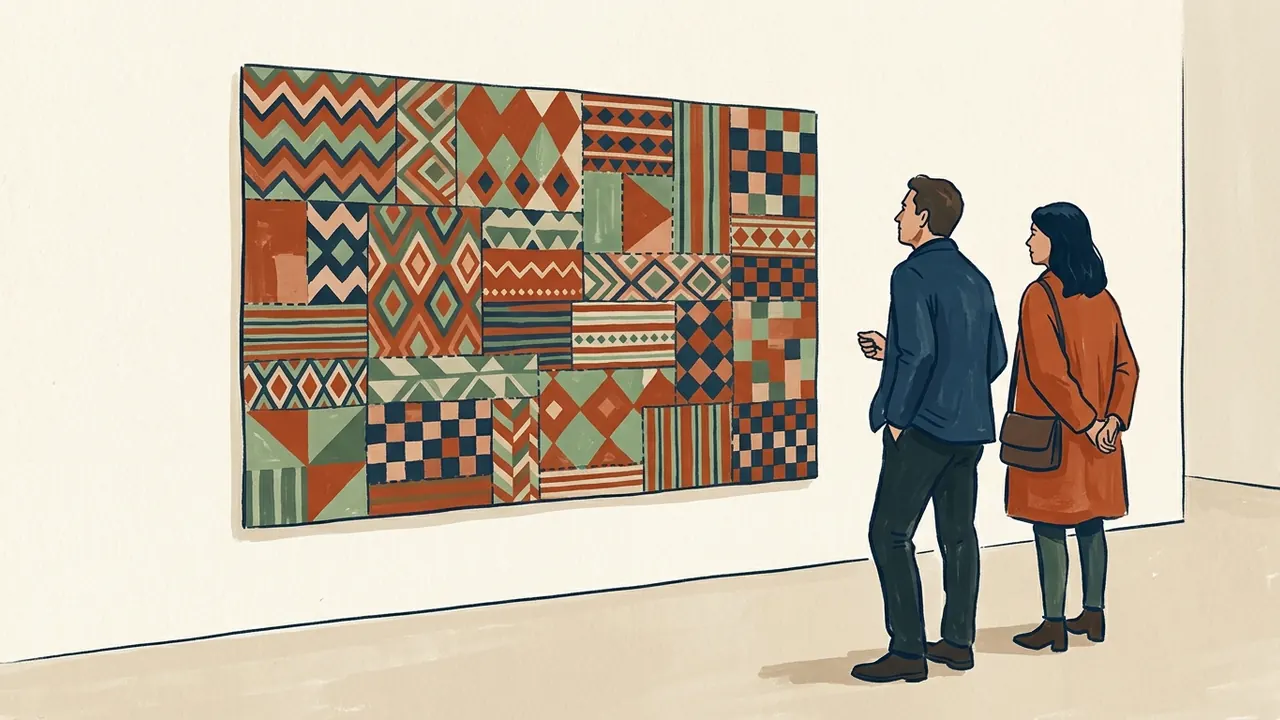 Dos personas observan un panel ficticio de telas con patrones geométricos en una sala de exposición.