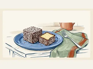 Dos porciones de lamington cubiertas de chocolate y coco, una con el bizcocho visible.