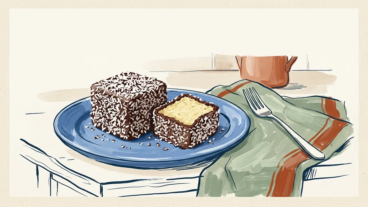 Dos porciones de lamington cubiertas de chocolate y coco, una con el bizcocho visible.