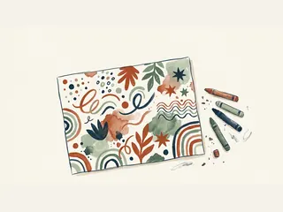 Lápices de cera de colores junto a una hoja con trazos y dibujos abstractos.