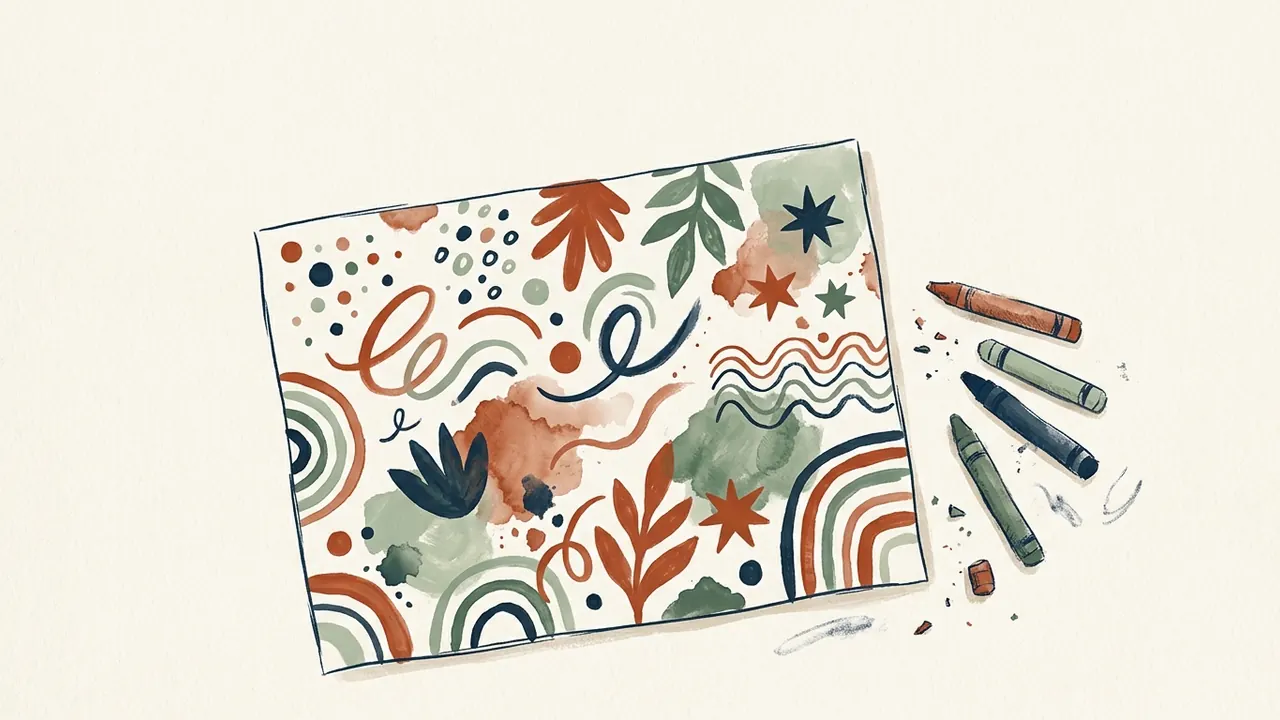 Lápices de cera de colores junto a una hoja con trazos y dibujos abstractos.