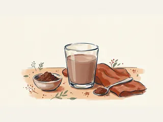 Vaso de leche con chocolate junto a cacao en polvo y una cucharilla.