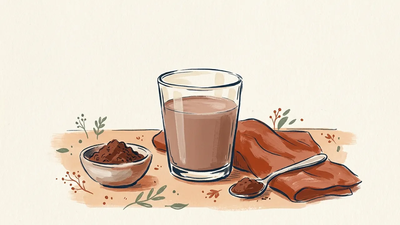 Vaso de leche con chocolate junto a cacao en polvo y una cucharilla.