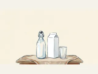 Una botella de vidrio con leche, un envase blanco sin etiqueta y un vaso reposan sobre una mesa con mantel.