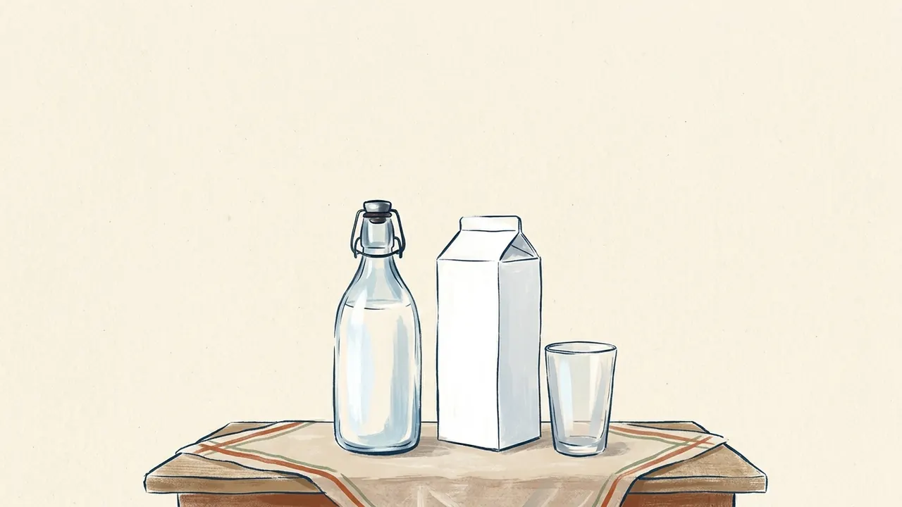 Una botella de vidrio con leche, un envase blanco sin etiqueta y un vaso reposan sobre una mesa con mantel.
